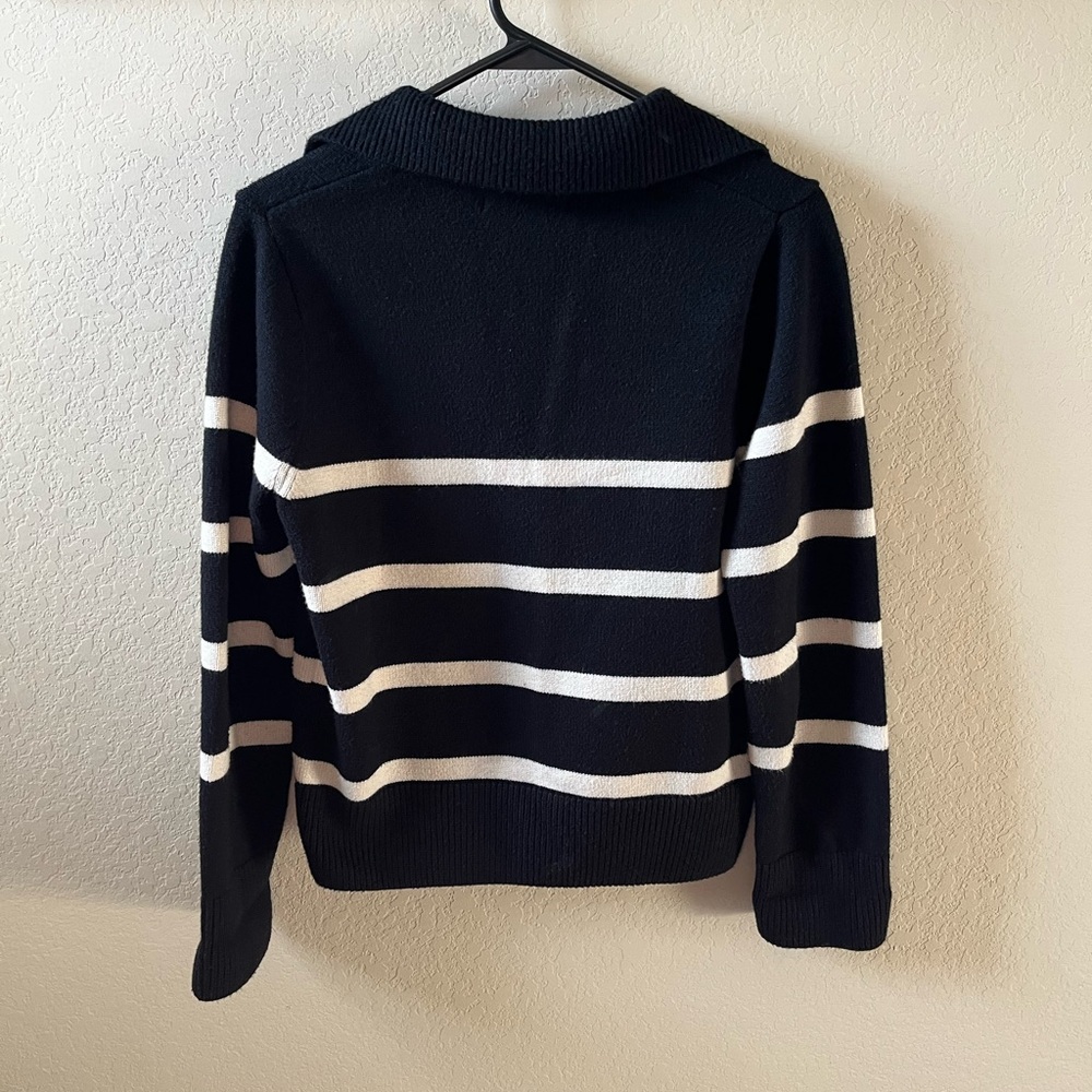 Mango Women’s Black White Striped V-Neck Polo Sweater Size XS - Picture 3 of 4